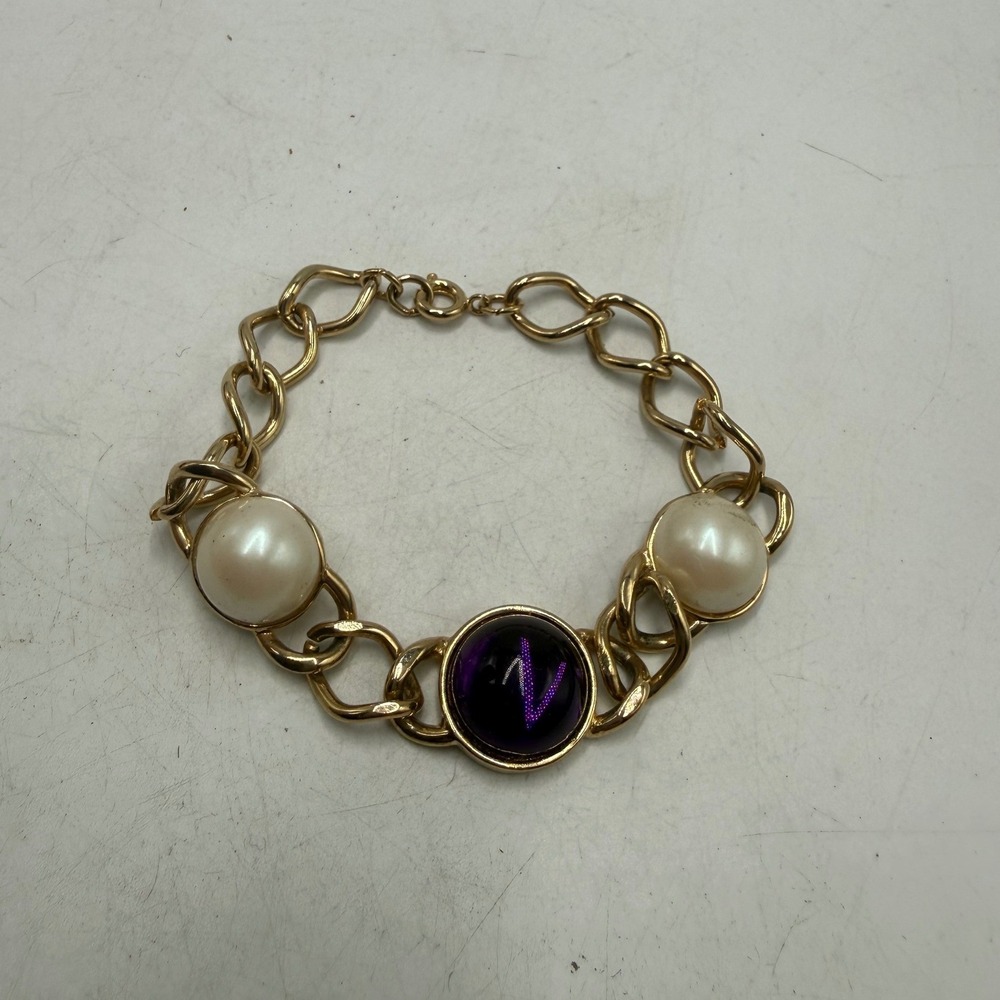 Vintage Gold Tone Chunky Chain Bracelet Purple Cabochon Faux Pearl Statement